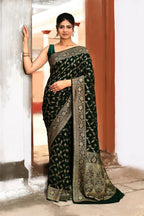 Joban Fashion Emerald Green Crepe Chiffon Pure Handloom Banarasi Silk Saree | Grocsy