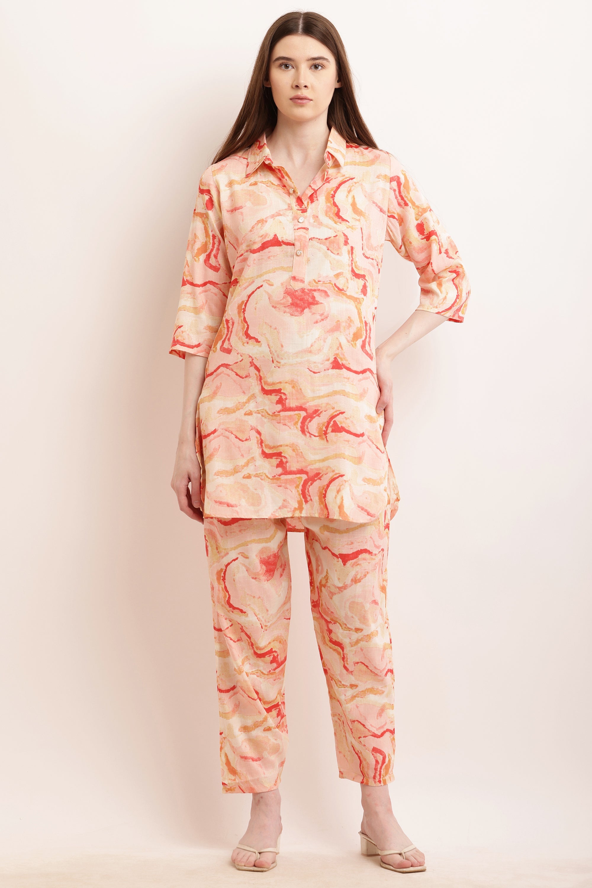 PAVONINE Peach Color Ted-Dye Printed Cord Set For Women | Grocsy