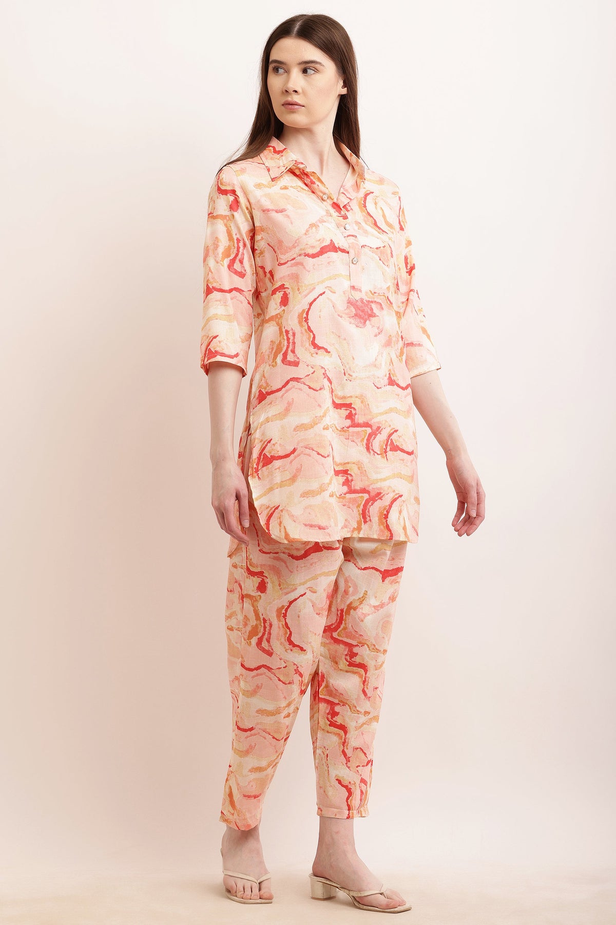 PAVONINE Peach Color Ted-Dye Printed Cord Set For Women | Grocsy