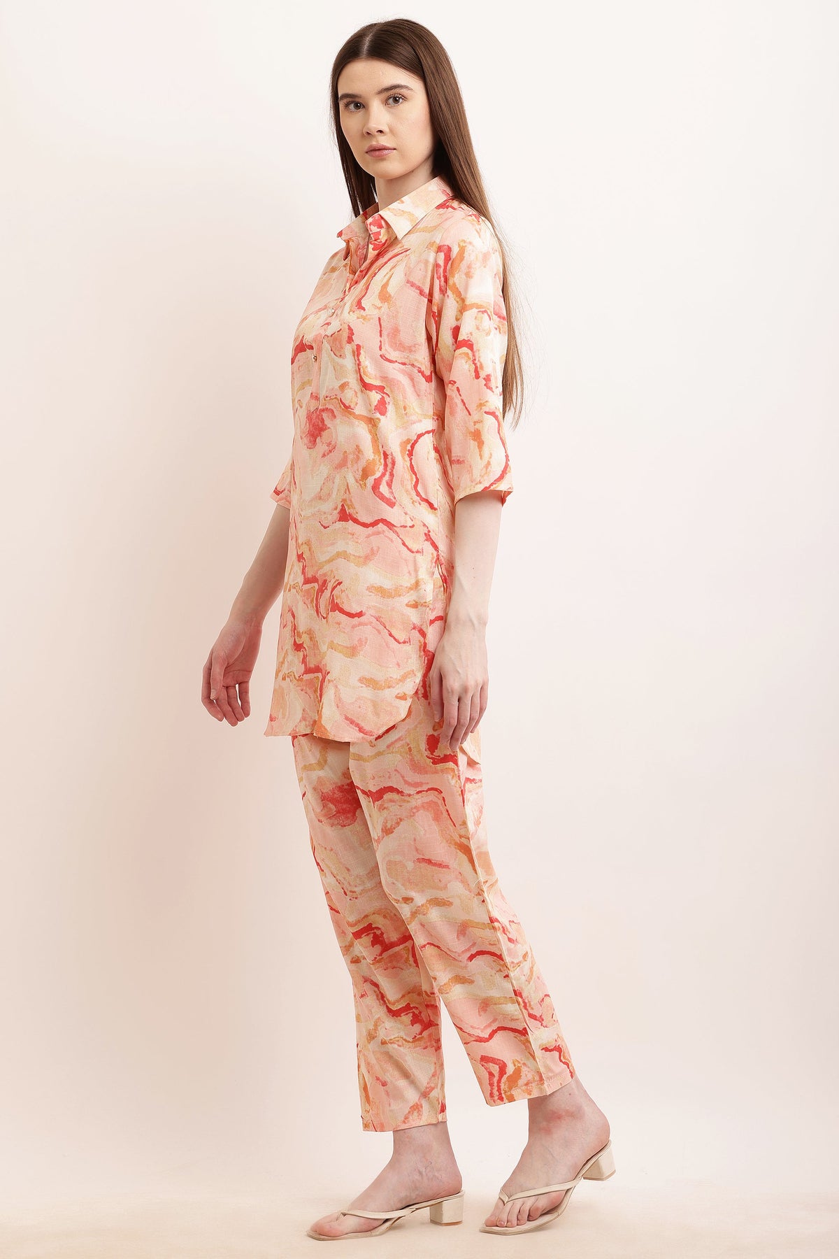 PAVONINE Peach Color Ted-Dye Printed Cord Set For Women | Grocsy