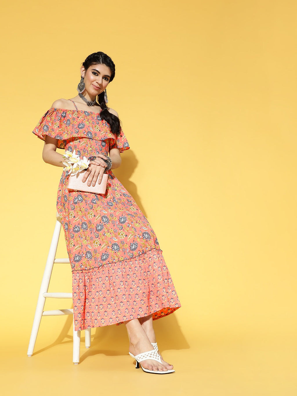 Yufta Peach-Coloured & Blue Floral Printed Dress | Grocsy