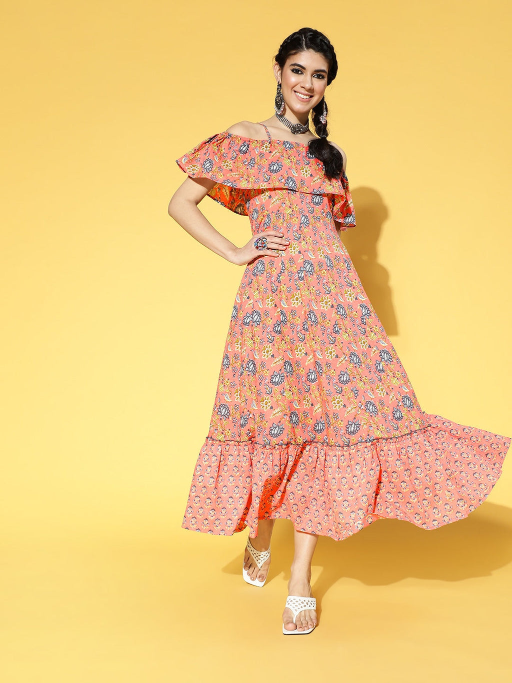 Yufta Peach-Coloured & Blue Floral Printed Dress | Grocsy