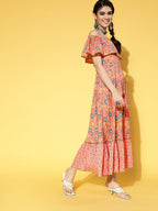 Yufta Peach-Coloured & Blue Floral Printed Dress | Grocsy
