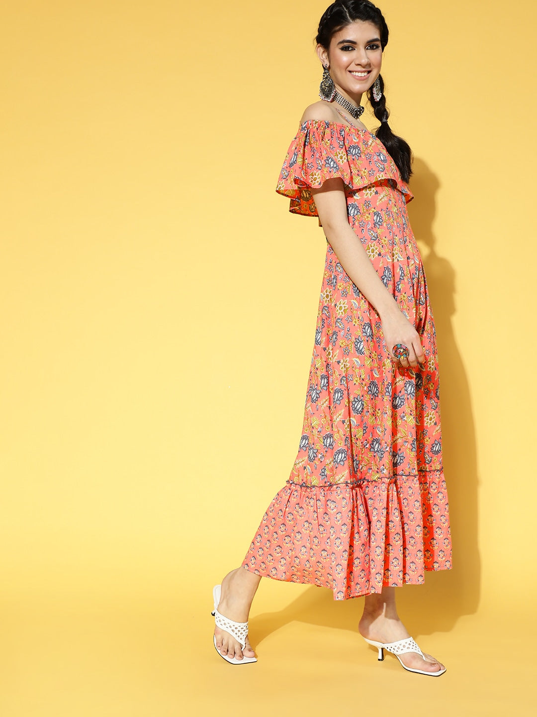 Yufta Peach-Coloured & Blue Floral Printed Dress | Grocsy