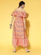 Yufta Peach-Coloured & Blue Floral Printed Dress | Grocsy
