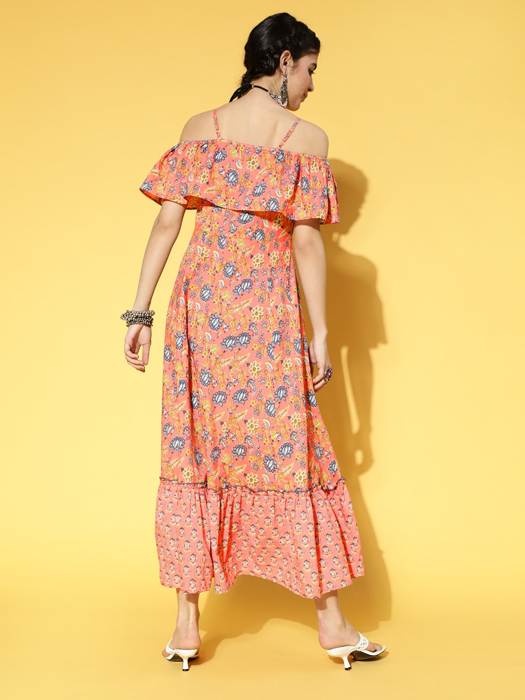 Yufta Peach-Coloured & Blue Floral Printed Dress | Grocsy