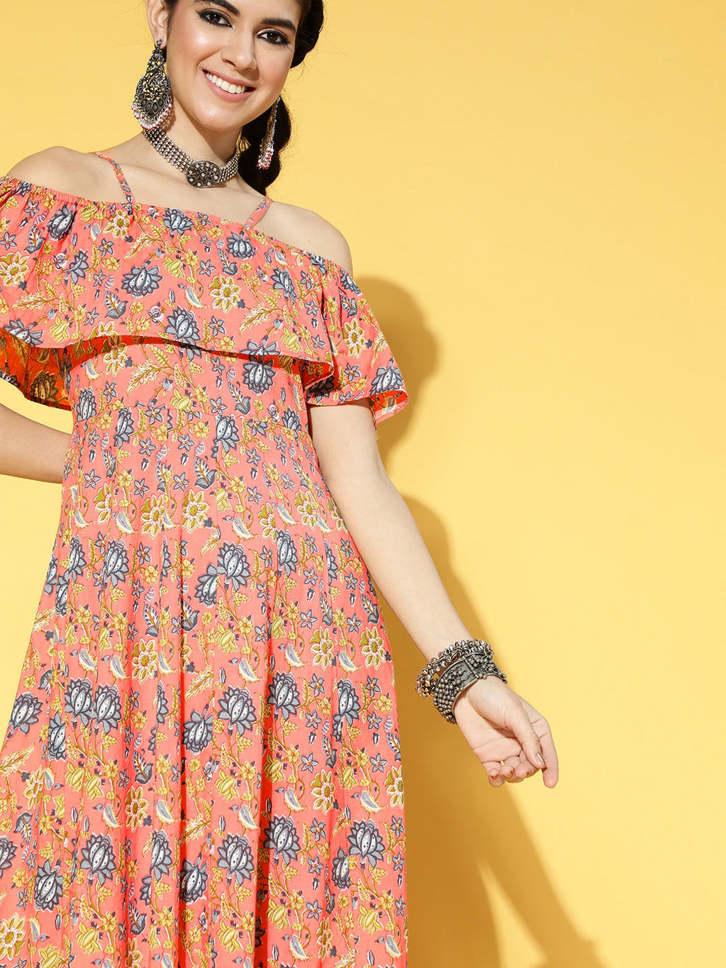 Yufta Peach-Coloured & Blue Floral Printed Dress | Grocsy