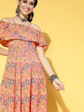 Yufta Peach-Coloured & Blue Floral Printed Dress | Grocsy