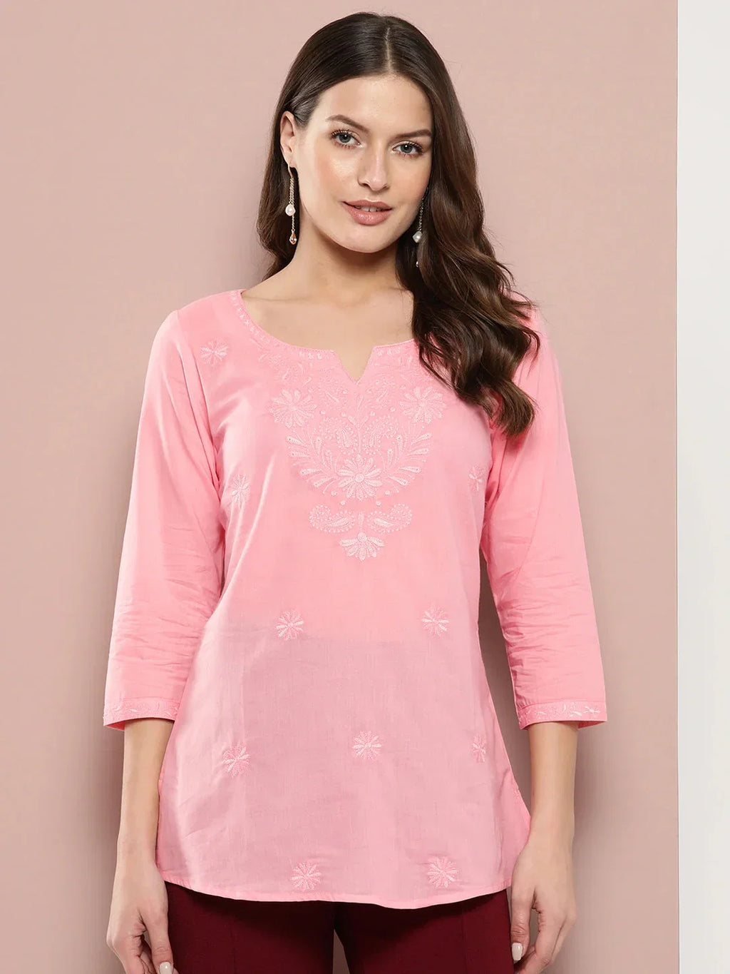 Yufta Peach Floral Chikankari Embroidered Pure Cotton Top | Grocsy