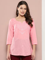 Yufta Peach Floral Chikankari Embroidered Pure Cotton Top | Grocsy