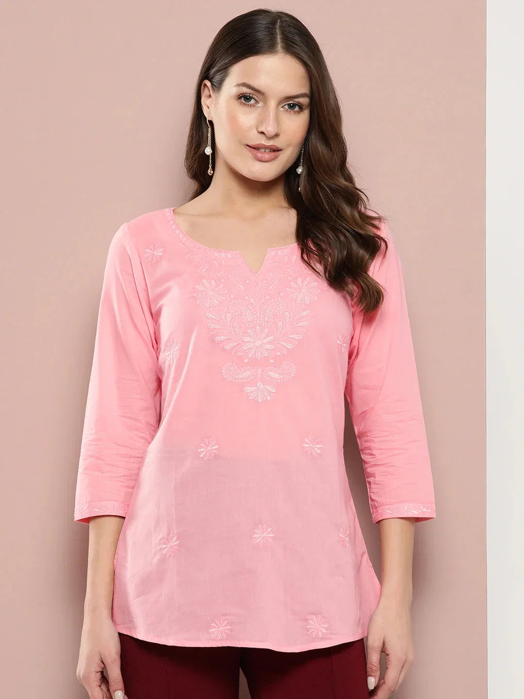 Yufta Peach Floral Chikankari Embroidered Pure Cotton Top | Grocsy