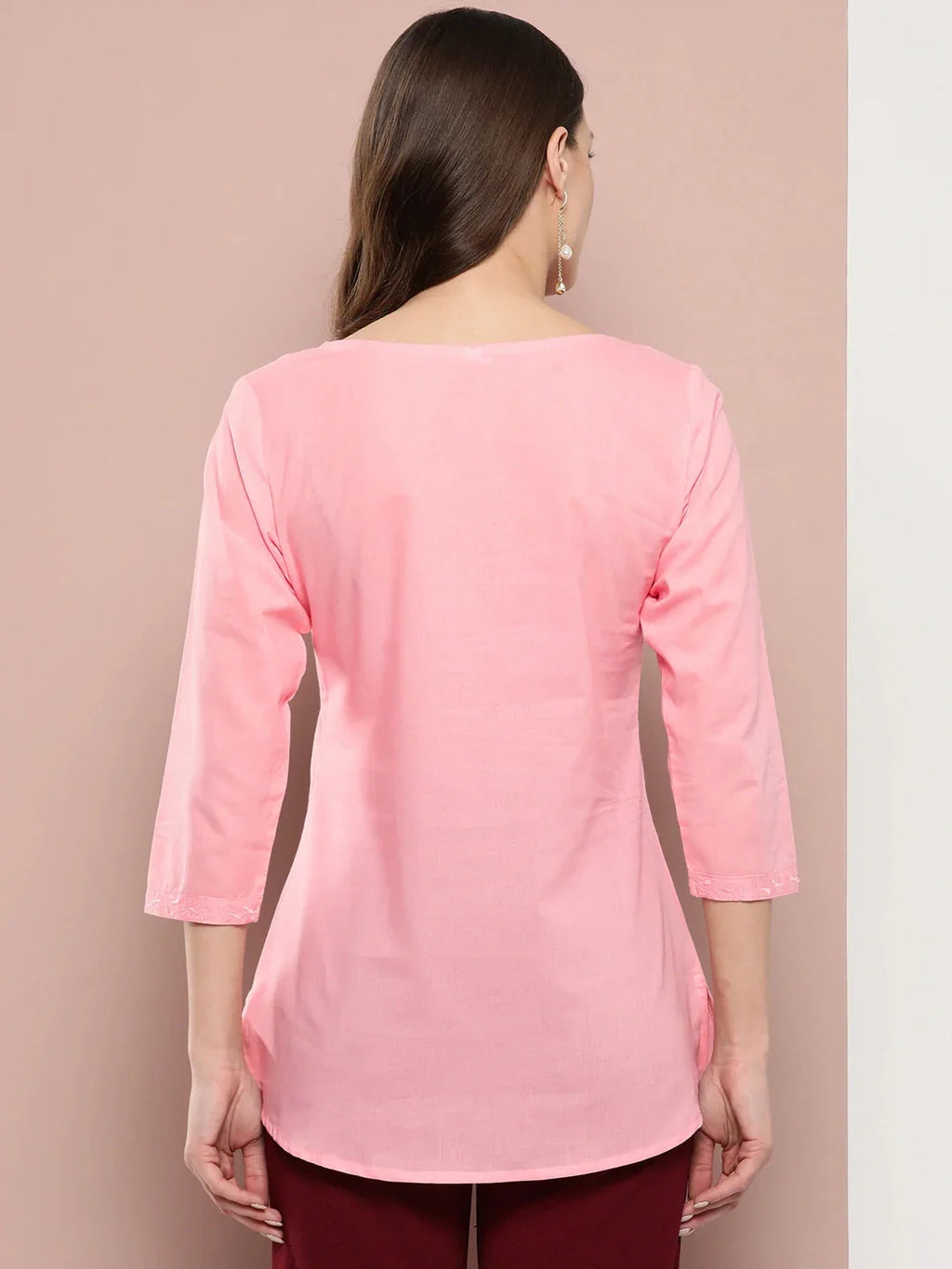 Yufta Peach Floral Chikankari Embroidered Pure Cotton Top | Grocsy