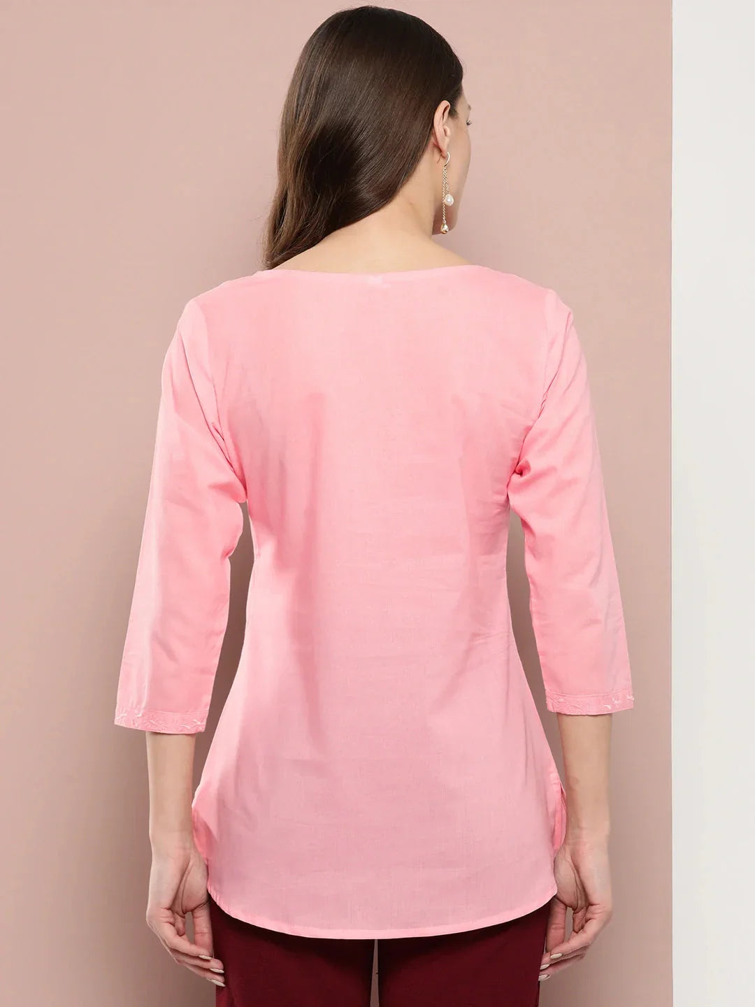 Yufta Peach Floral Chikankari Embroidered Pure Cotton Top | Grocsy