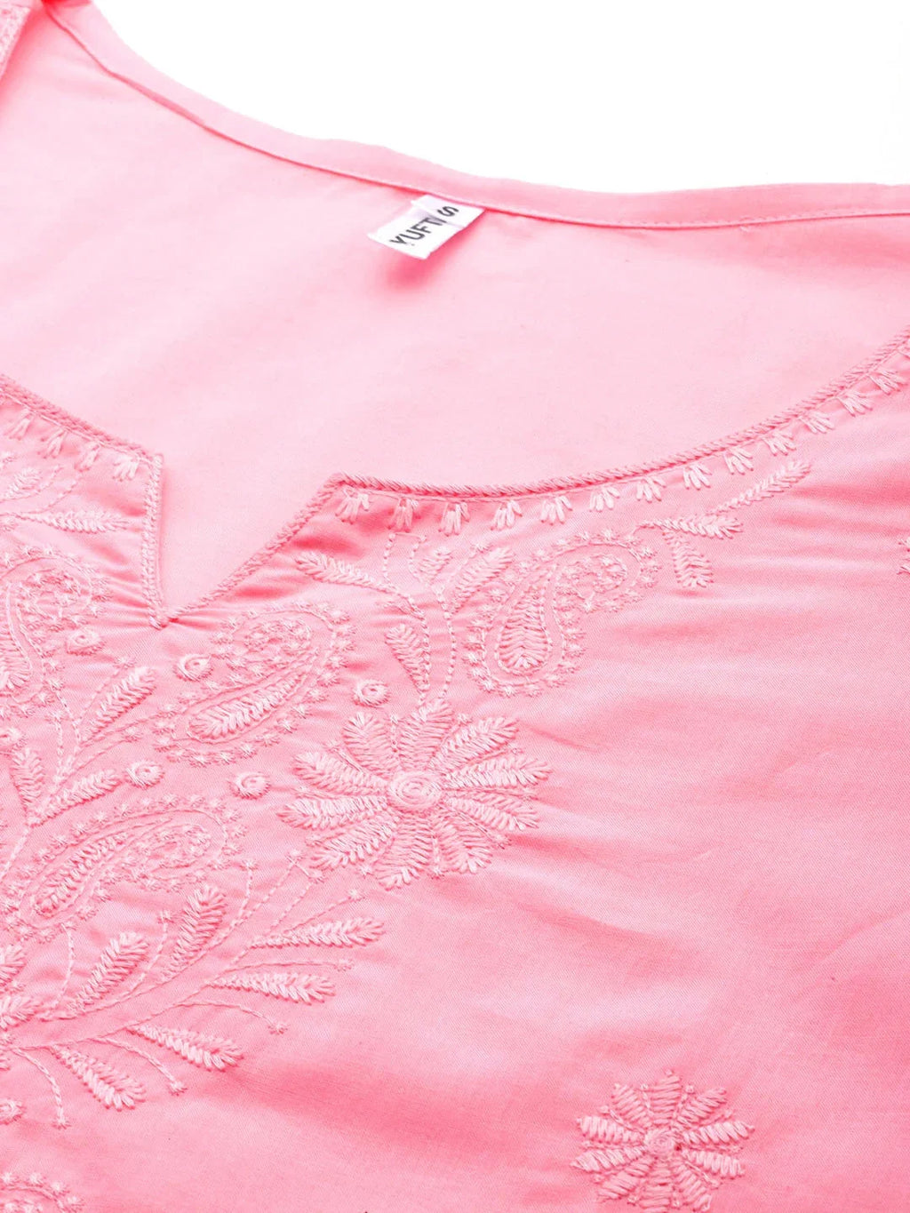 Yufta Peach Floral Chikankari Embroidered Pure Cotton Top | Grocsy