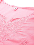 Yufta Peach Floral Chikankari Embroidered Pure Cotton Top | Grocsy