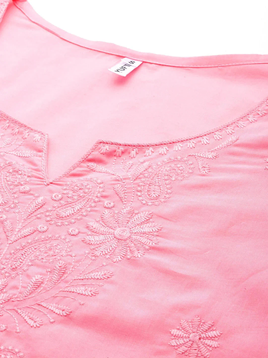 Yufta Peach Floral Chikankari Embroidered Pure Cotton Top | Grocsy