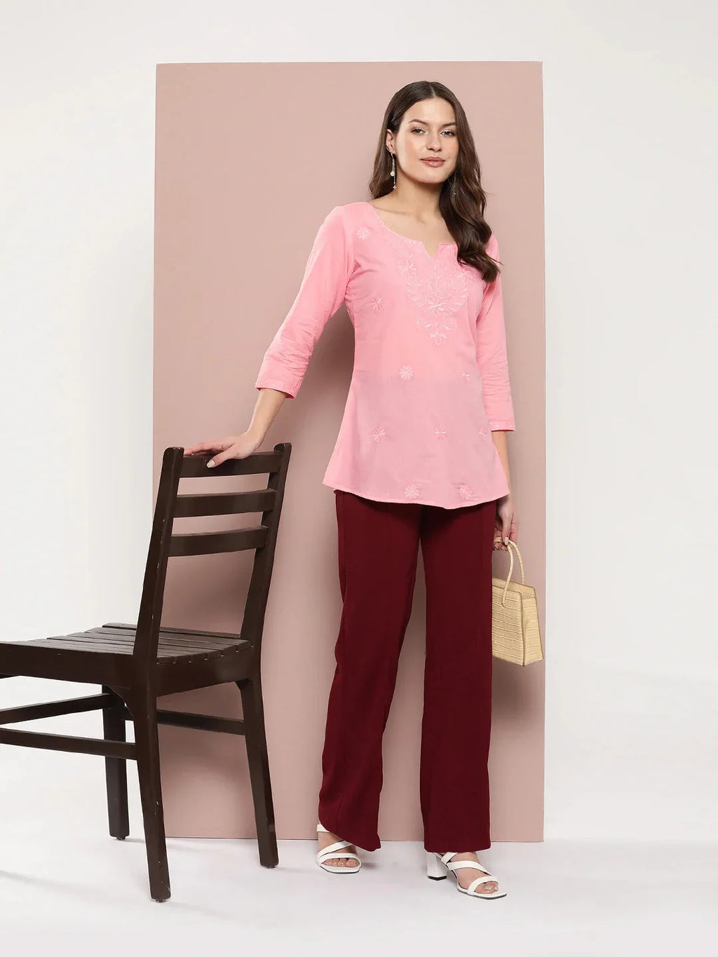 Yufta Peach Floral Chikankari Embroidered Pure Cotton Top | Grocsy