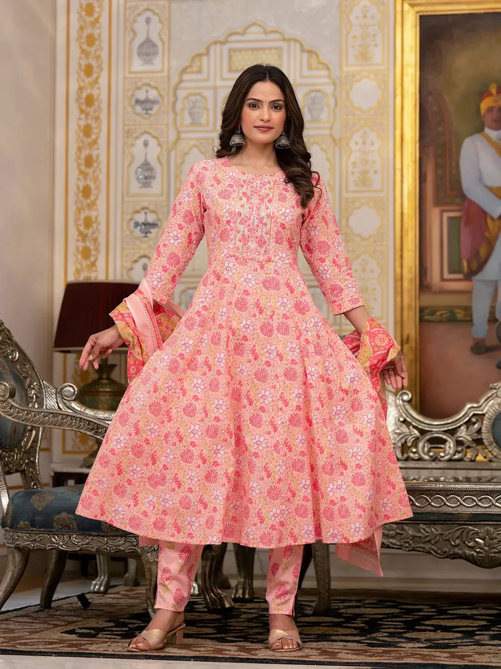 Yufta Peach Floral Print Anarkali Kurta Trouser And Dupatta Set | Grocsy