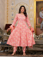 Yufta Peach Floral Print Anarkali Kurta Trouser And Dupatta Set | Grocsy