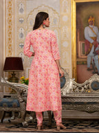Yufta Peach Floral Print Anarkali Kurta Trouser And Dupatta Set | Grocsy