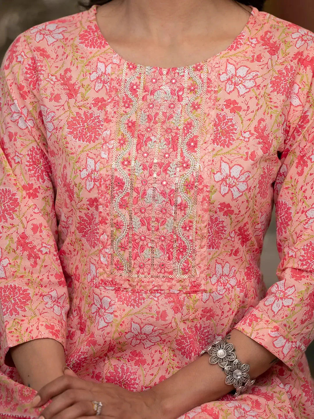 Yufta Peach Floral Print Anarkali Kurta Trouser And Dupatta Set | Grocsy