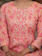 Yufta Peach Floral Print Anarkali Kurta Trouser And Dupatta Set | Grocsy