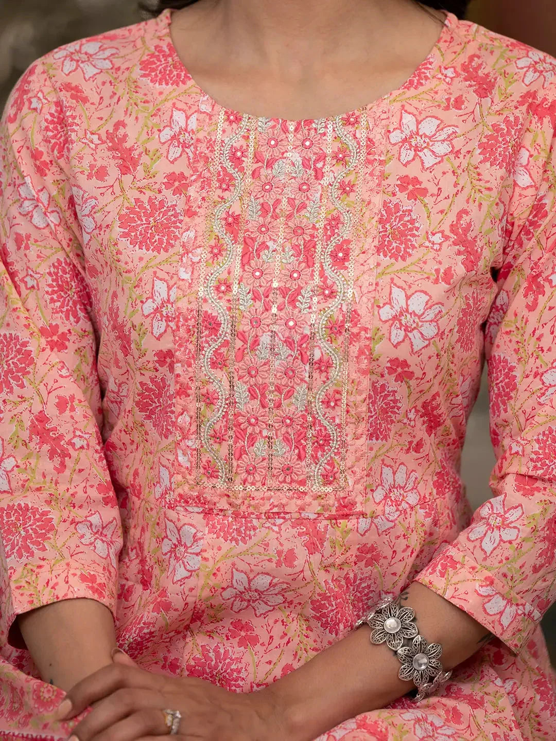 Yufta Peach Floral Print Anarkali Kurta Trouser And Dupatta Set | Grocsy