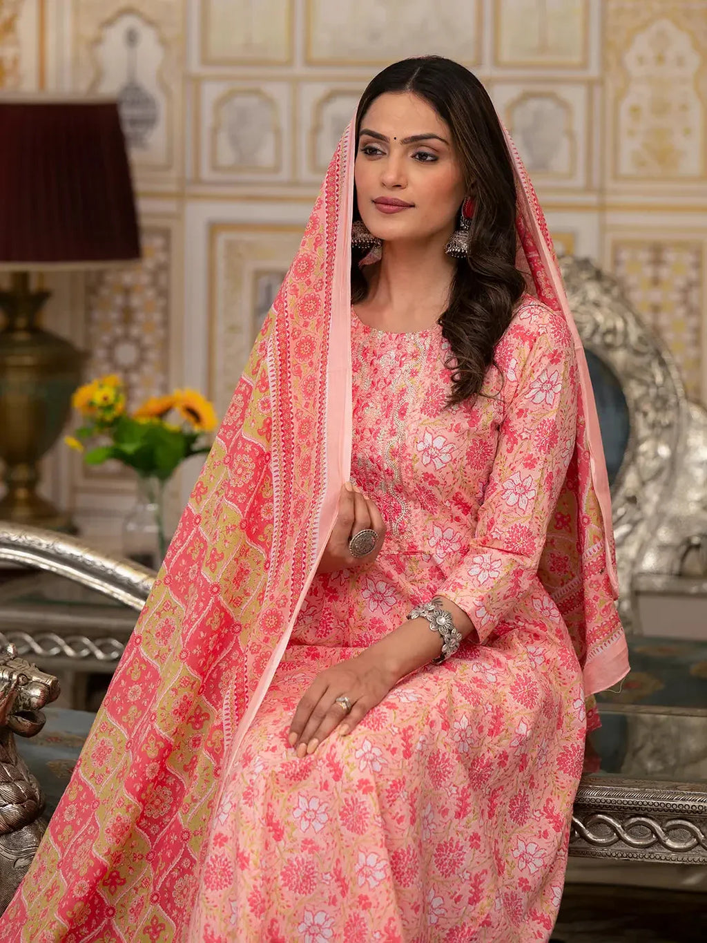 Yufta Peach Floral Print Anarkali Kurta Trouser And Dupatta Set | Grocsy