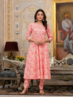Yufta Peach Floral Print Anarkali Kurta Trouser And Dupatta Set | Grocsy