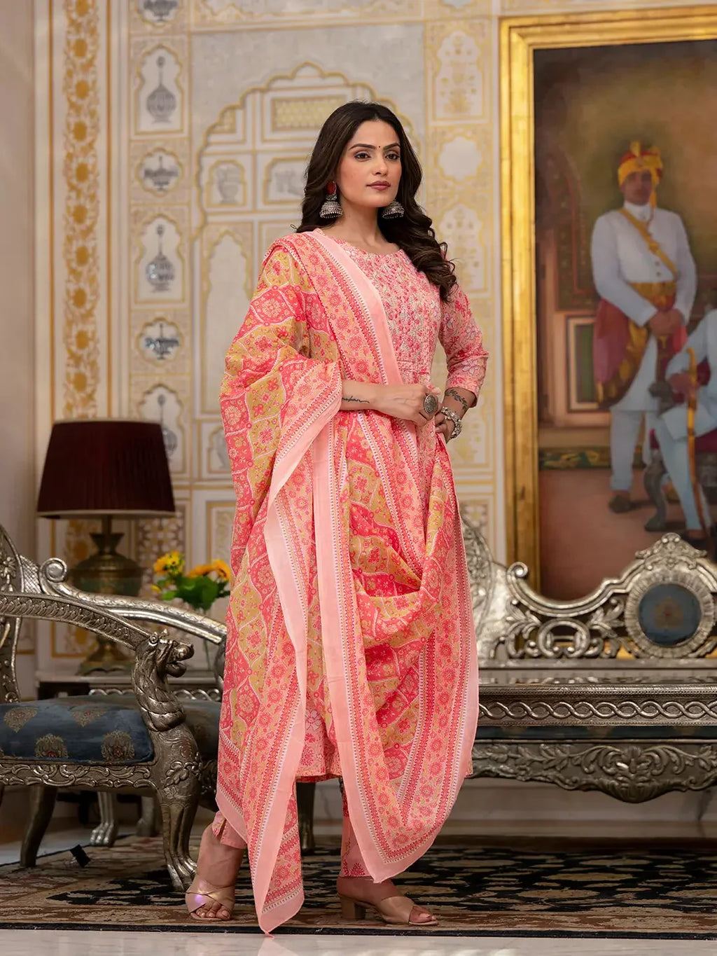 Yufta Peach Floral Print Anarkali Kurta Trouser And Dupatta Set | Grocsy