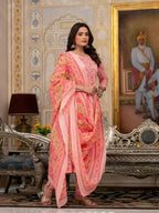 Yufta Peach Floral Print Anarkali Kurta Trouser And Dupatta Set | Grocsy