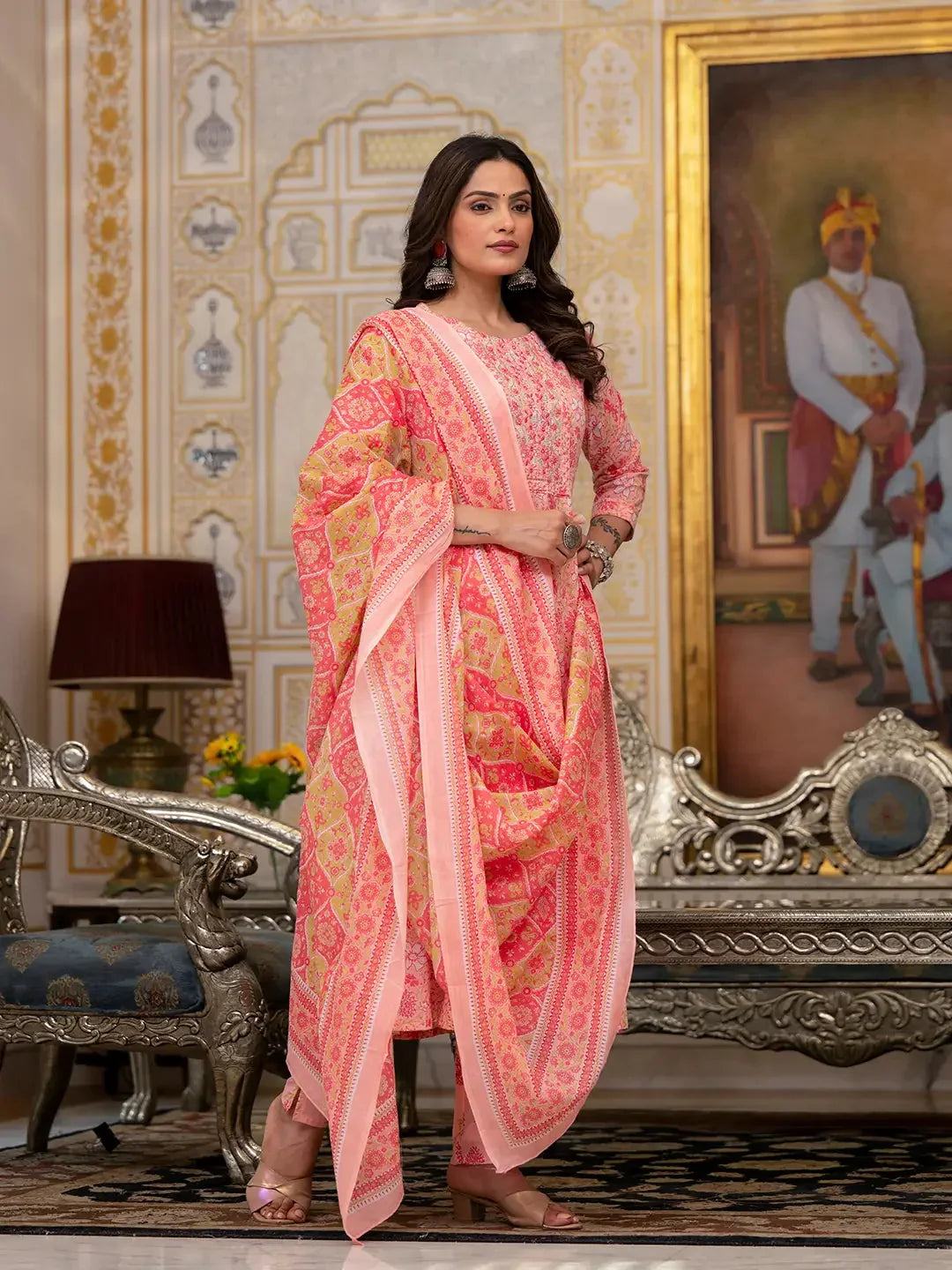 Yufta Peach Floral Print Anarkali Kurta Trouser And Dupatta Set | Grocsy