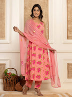 Yufta Peach Floral Print Cotton A-Line Style Kurta And Trousers With Dupatta Set | Grocsy