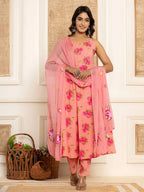 Yufta Peach Floral Print Cotton A-Line Style Kurta And Trousers With Dupatta Set | Grocsy