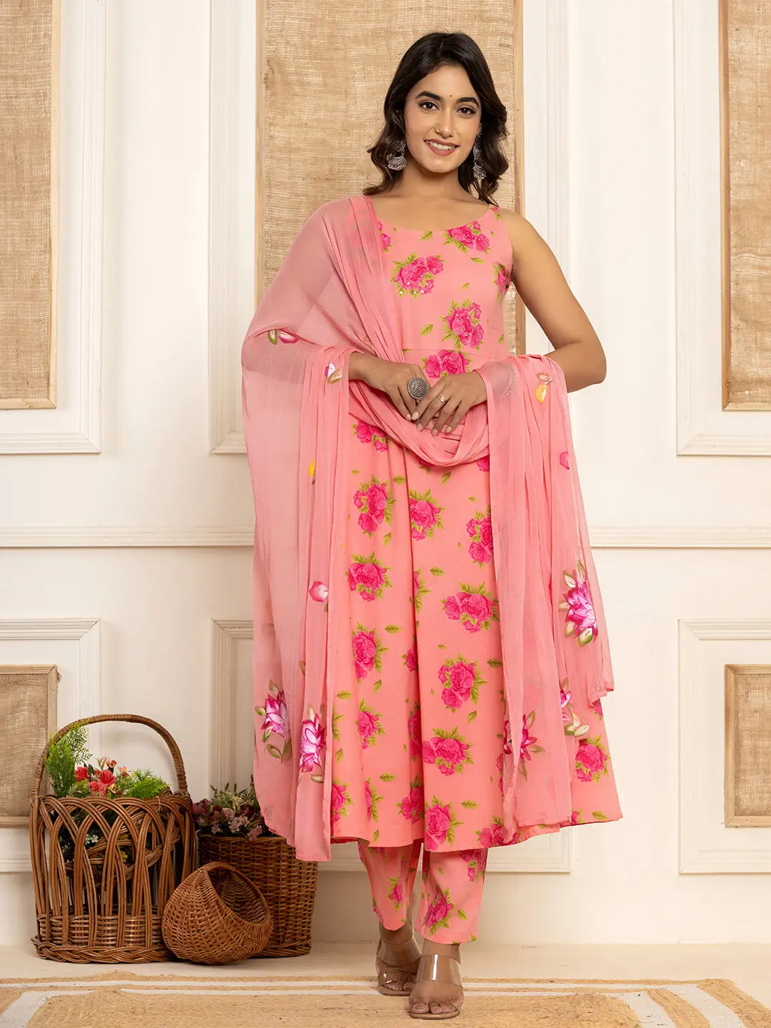 Yufta Peach Floral Print Cotton A-Line Style Kurta And Trousers With Dupatta Set | Grocsy