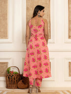 Yufta Peach Floral Print Cotton A-Line Style Kurta And Trousers With Dupatta Set | Grocsy