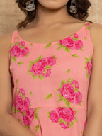 Yufta Peach Floral Print Cotton A-Line Style Kurta And Trousers With Dupatta Set | Grocsy