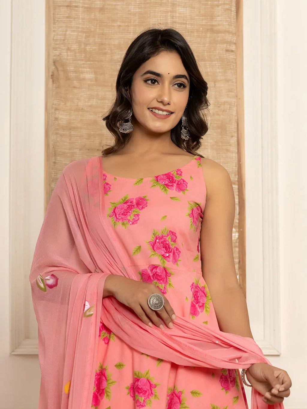 Yufta Peach Floral Print Cotton A-Line Style Kurta And Trousers With Dupatta Set | Grocsy