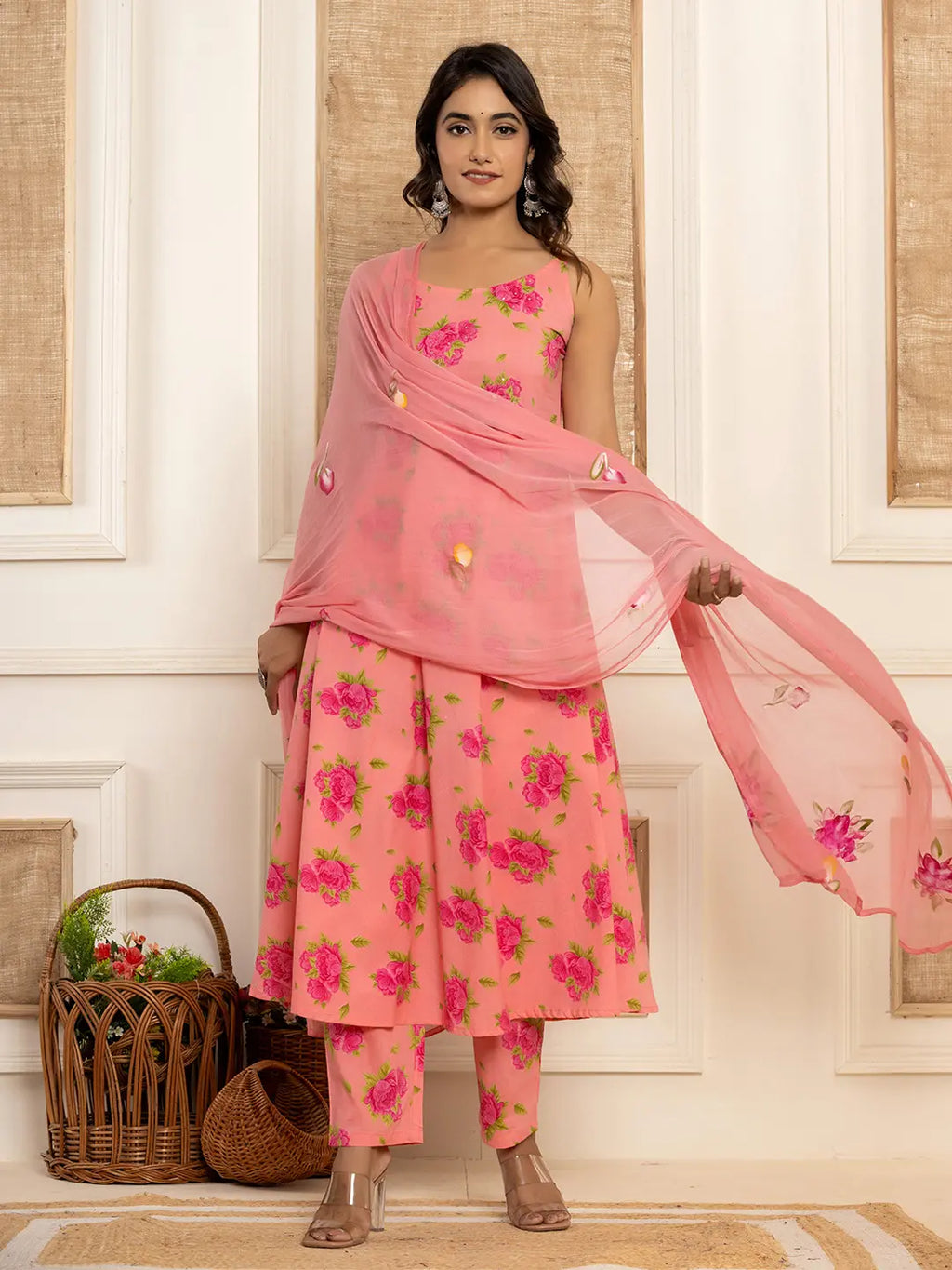 Yufta Peach Floral Print Cotton A-Line Style Kurta And Trousers With Dupatta Set | Grocsy