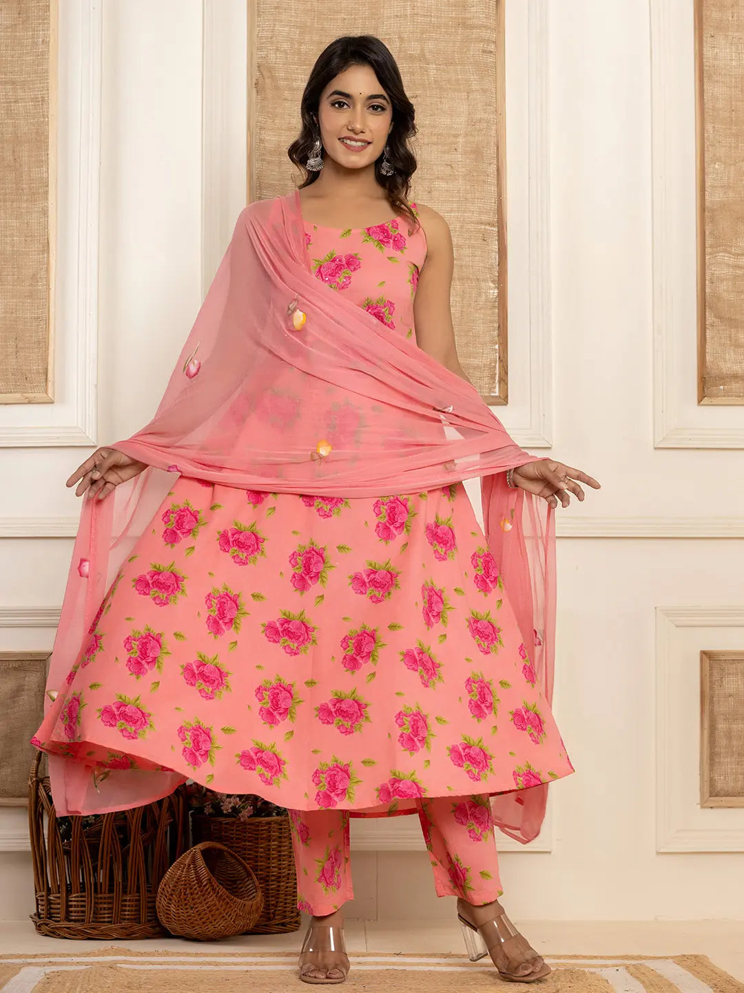 Yufta Peach Floral Print Cotton A-Line Style Kurta And Trousers With Dupatta Set | Grocsy