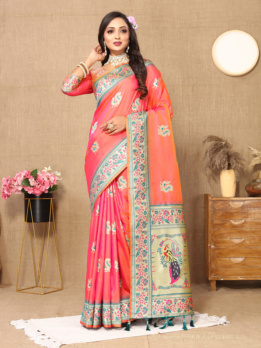 Lorenvalley Fashion Peach Soft Paithani Silk Woven Design Rich Meenakari Zari Weaving Pallu Saree | Grocsy