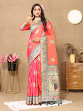 Lorenvalley Fashion Peach Soft Paithani Silk Woven Design Rich Meenakari Zari Weaving Pallu Saree | Grocsy