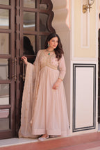 Lorenvalley Fashion Peach Star Georgette with Beads & Sequins Multi Embroidered work Anarkali Gown with Dupatta | Grocsy