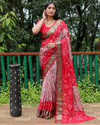 Lorenvalley Premium Pure Bandhej Tapeta Soft light weight silk saree with zari weaving Border - Multicolor | Grocsy