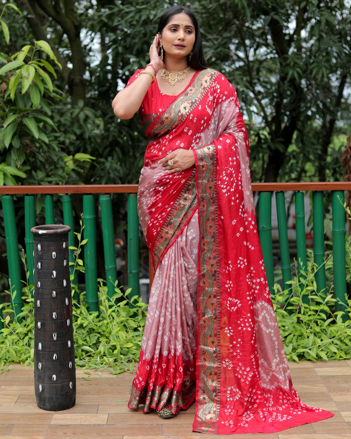 Lorenvalley Premium Pure Bandhej Tapeta Soft light weight silk saree with zari weaving Border - Multicolor | Grocsy
