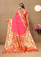 Lorenvalley Fashion Peach Soft Paithani Silk Woven Design Rich Zari Meenakari Weaving Saree | Grocsy