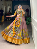 Lorenvalley Peach Dola Silk and Jacquard Silk Printed (Kalamkari) With Zari Weaving Border Lehenga Choli | Grocsy
