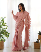 Lorenvalley Ready to wear Jimmy Choo Organza Fabric Border Lace Work Predrapped Saree | Grocsy