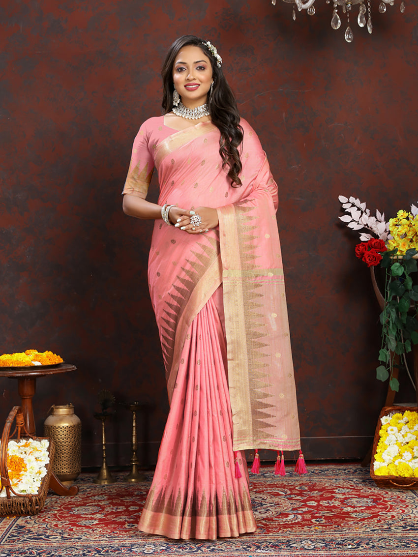 Lorenvalley Fashion Peach Soft Katan Silk Woven Design Zari Weaving Pallu Saree | Grocsy