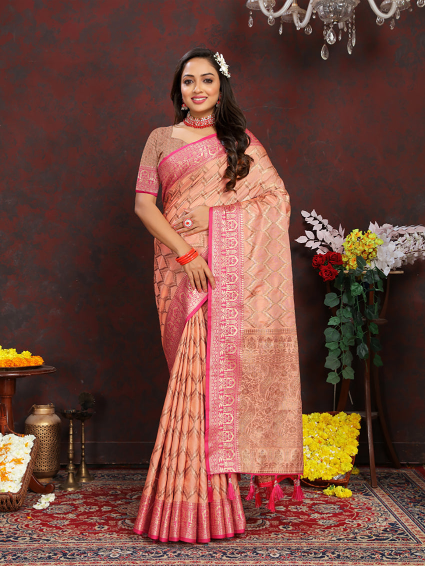 Lorenvalley Fashion Peach Soft Katan Silk Woven Design Rich Zari Weaving Pallu Saree | Grocsy